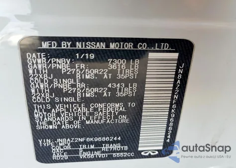 2019 Infiniti Qx80 Luxe z USA, uszkodzony, nr VIN JN8AZ2NF6K9686244